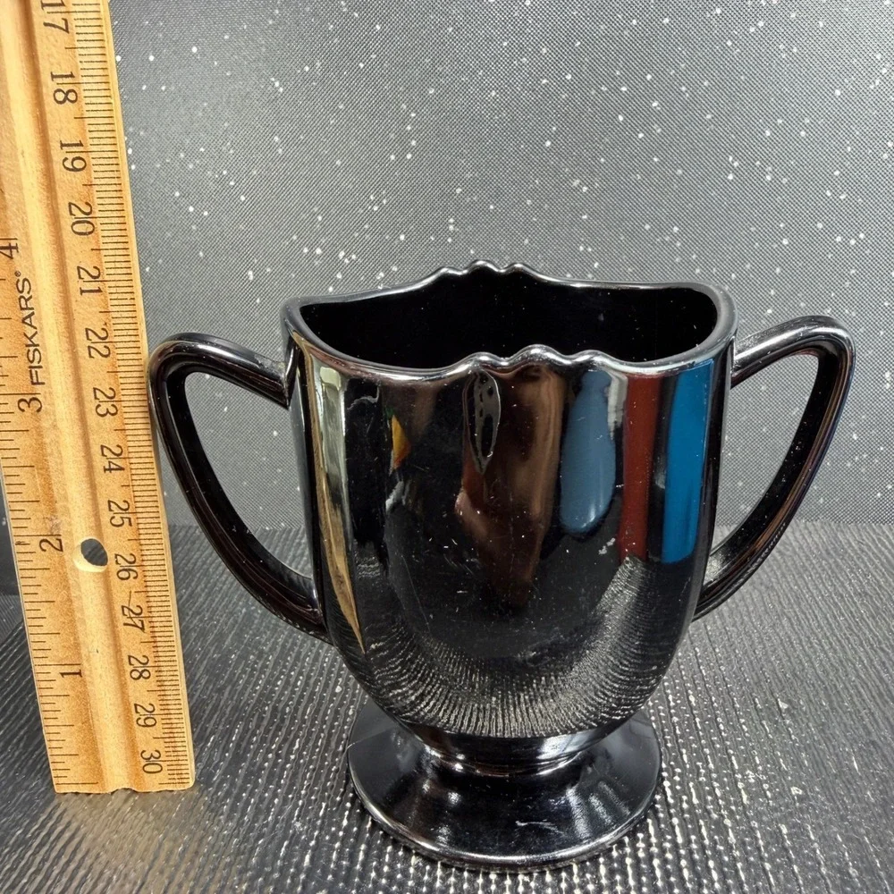 New Martinsville Black Amethyst Glass Creamer and Sugar Bowl Set Scalloped